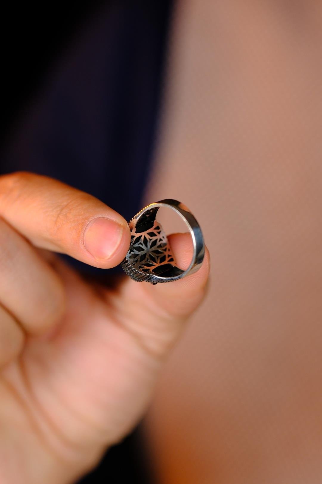 Özel Yapım Damla Kehribar Tasarımlı Gümüş Yüzük 