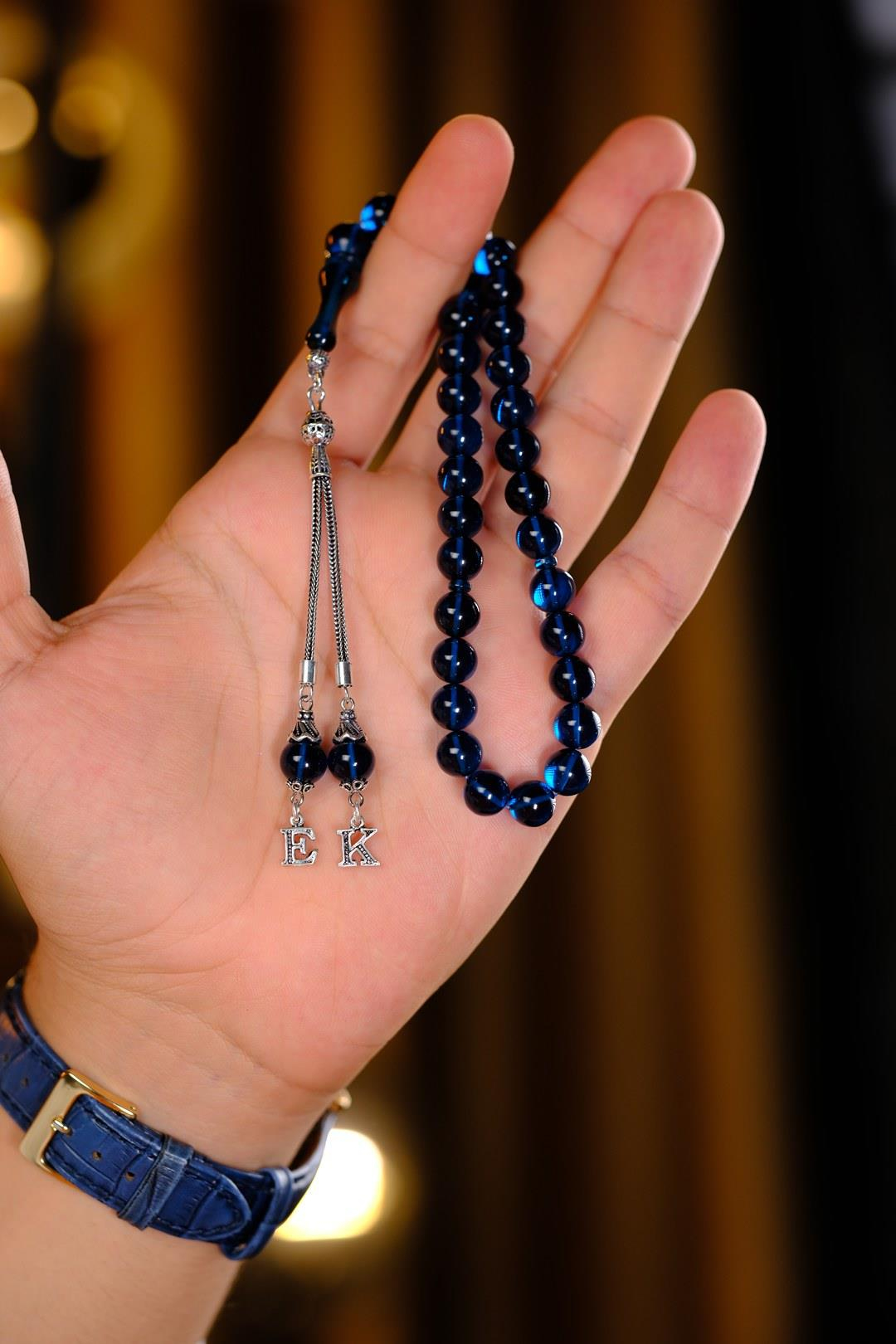 Premium Kutulu Kişiye Özel Gümüş Harf Tasarımlı Mavi Ateş-i Kehribar Tesbih