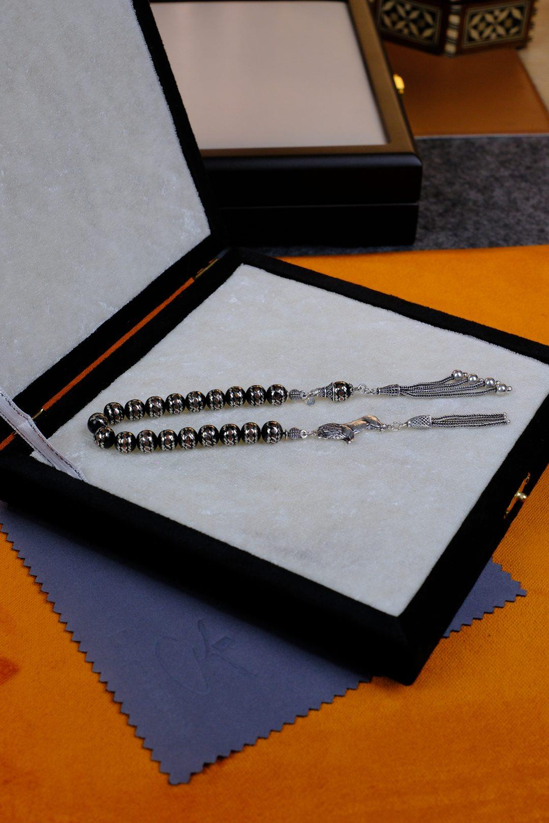 Prinç Sarmalı Gümüş At Figürlü Tasarım Zaza Oltu Taşı Tesbih 