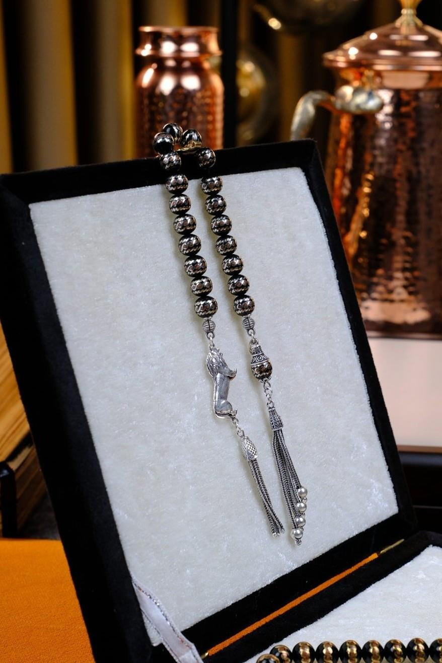 Prinç Sarmalı Gümüş At Figürlü Tasarım Zaza Oltu Taşı Tesbih 