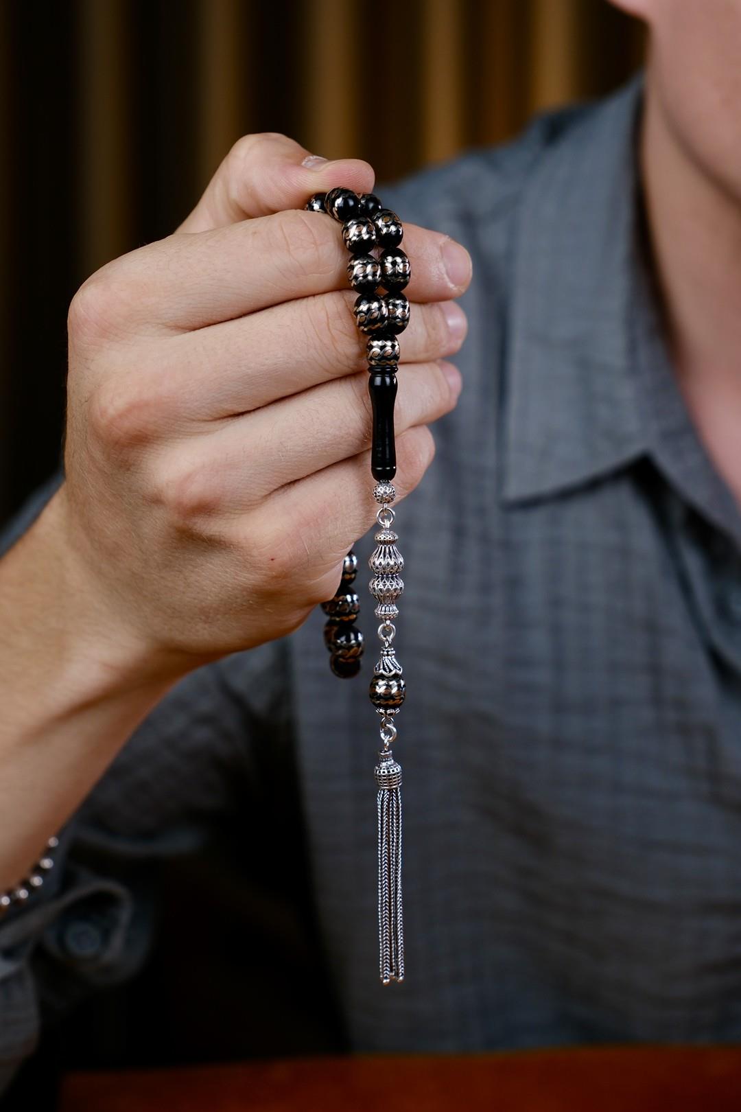 Prinç Sarmalı Gümüş Püskül Oltu Taşı Tesbih 