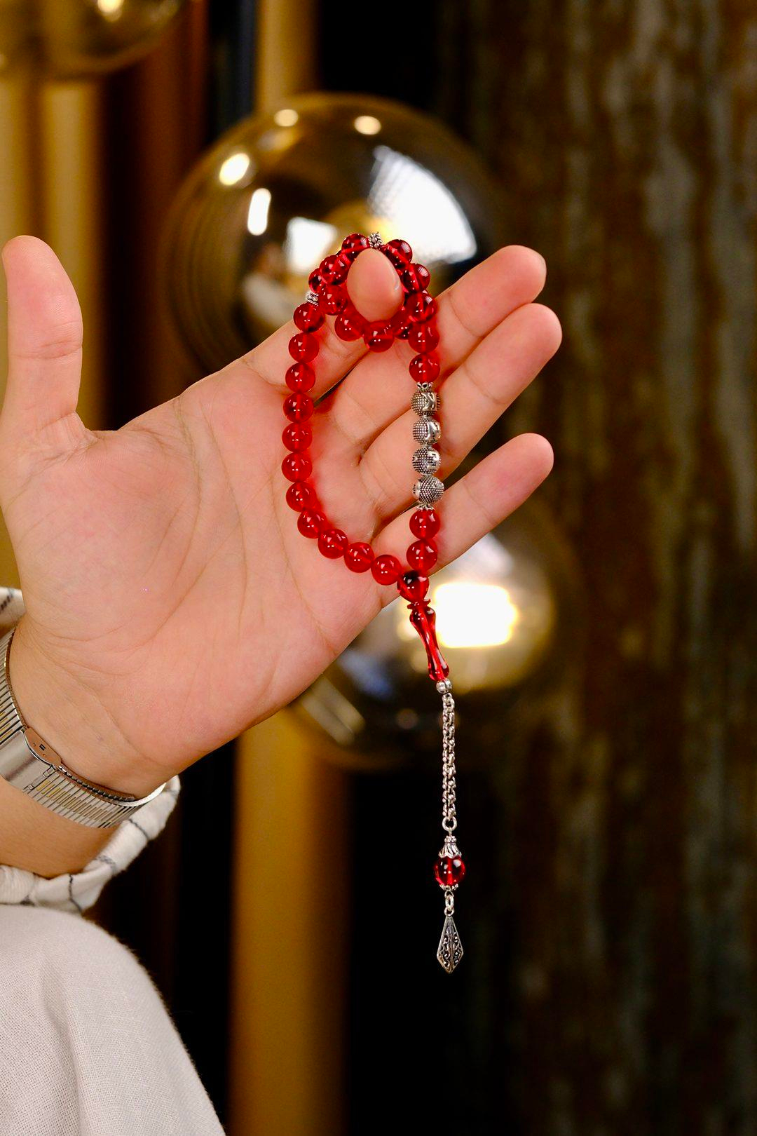 Sevdiklerinize Özel Gümüş İsimli Tasarım Kırmızı Ateş Kehribar Tesbih