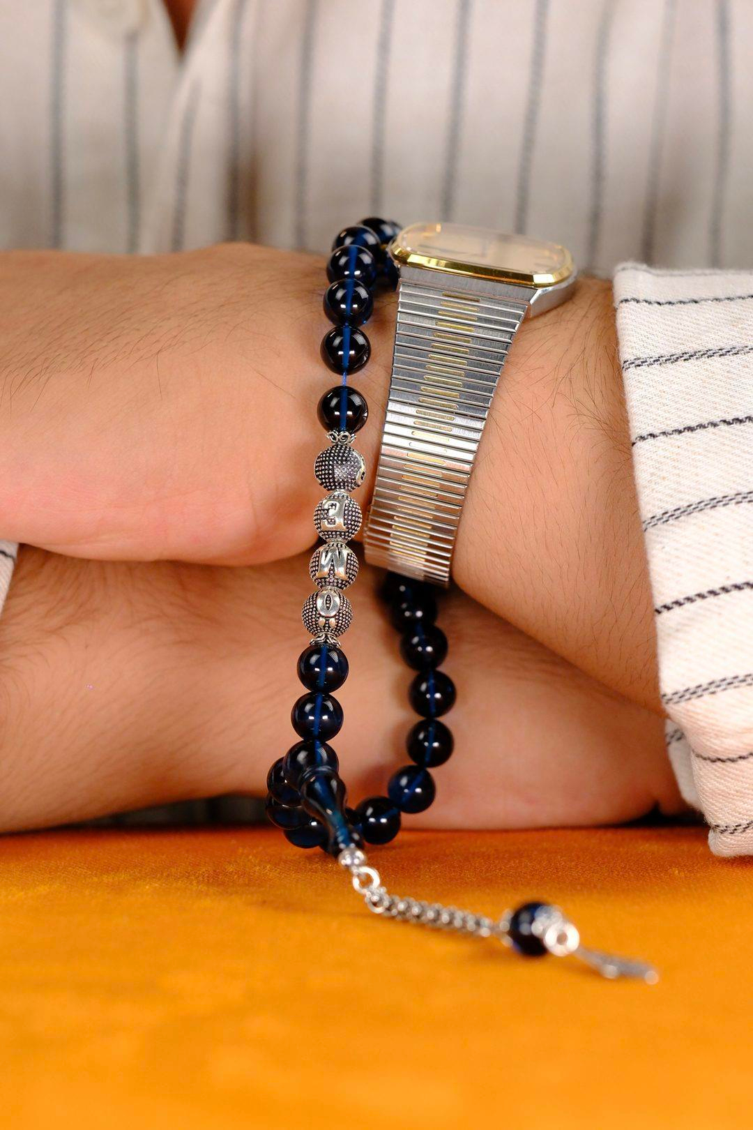 Sevdiklerinize Özel Gümüş İsimli Tasarım Mavi Ateş Kehribar Tesbih