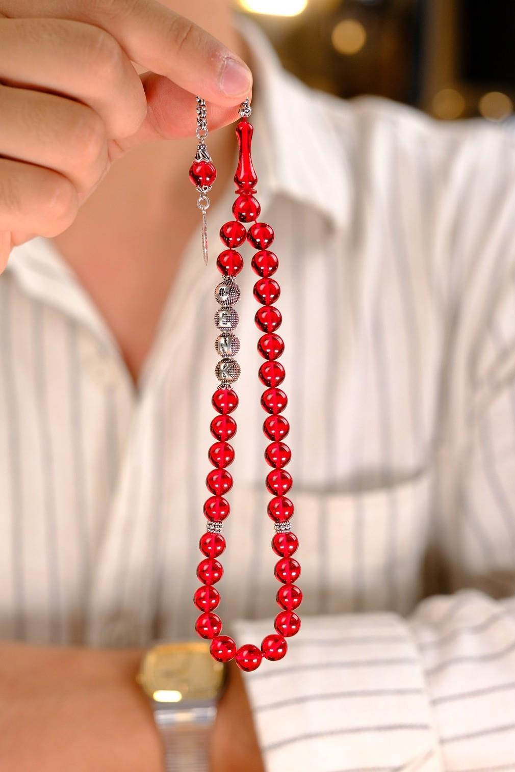 Sevdiklerinize Özel Gümüş İsimli Tasarım Kırmızı Ateş Kehribar Tesbih