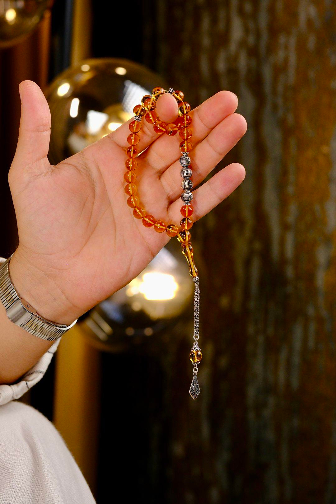 Sevdiklerinize Özel Gümüş İsimli Tasarım Sarı Ateş Kehribar Tesbih