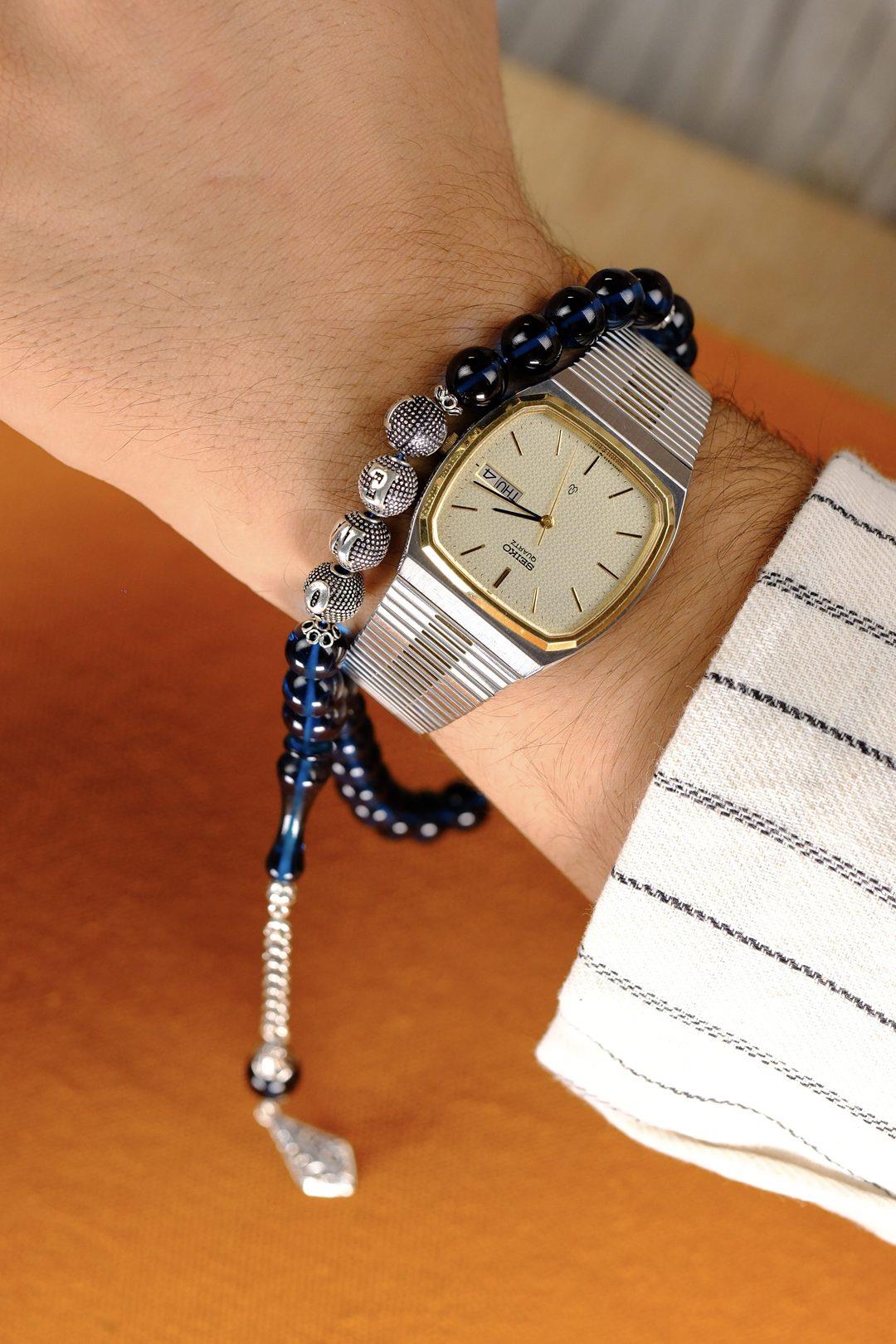 Sevdiklerinize Özel Gümüş İsimli Tasarım Mavi Ateş Kehribar Tesbih