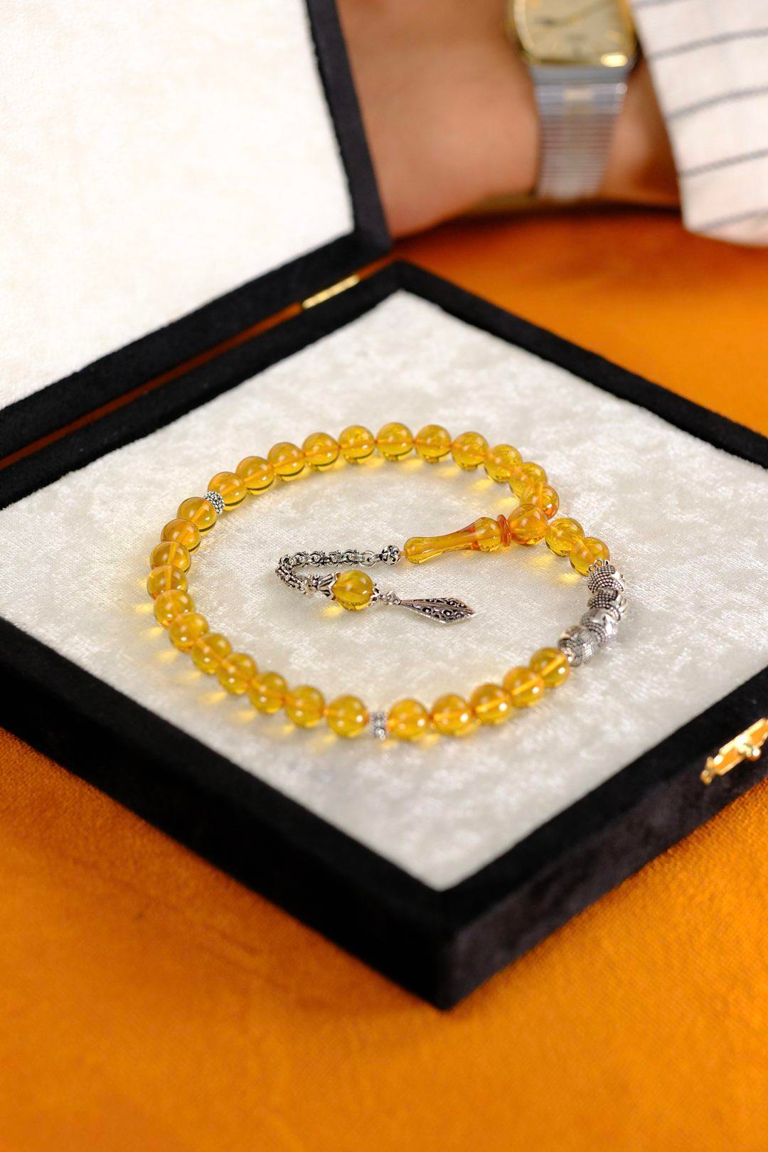 Sevdiklerinize Özel Gümüş İsimli Tasarım Sarı Ateş Kehribar Tesbih