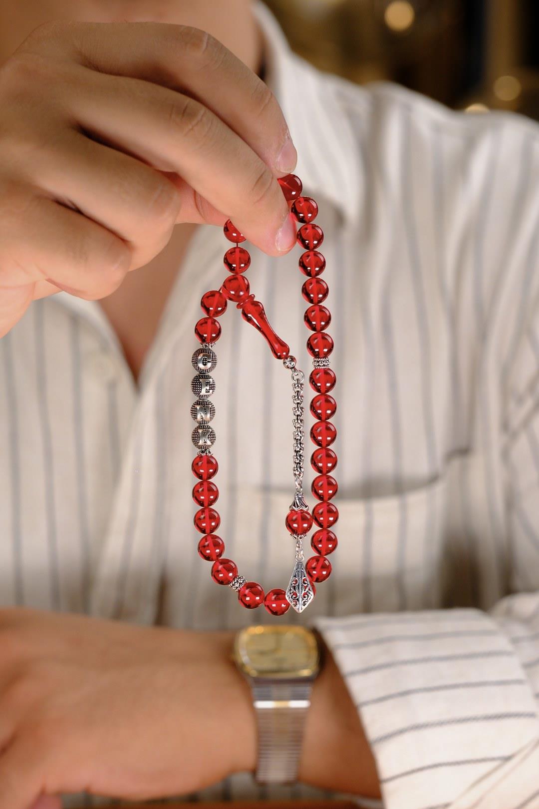 Sevdiklerinize Özel Gümüş İsimli Tasarım Kırmızı Ateş Kehribar Tesbih