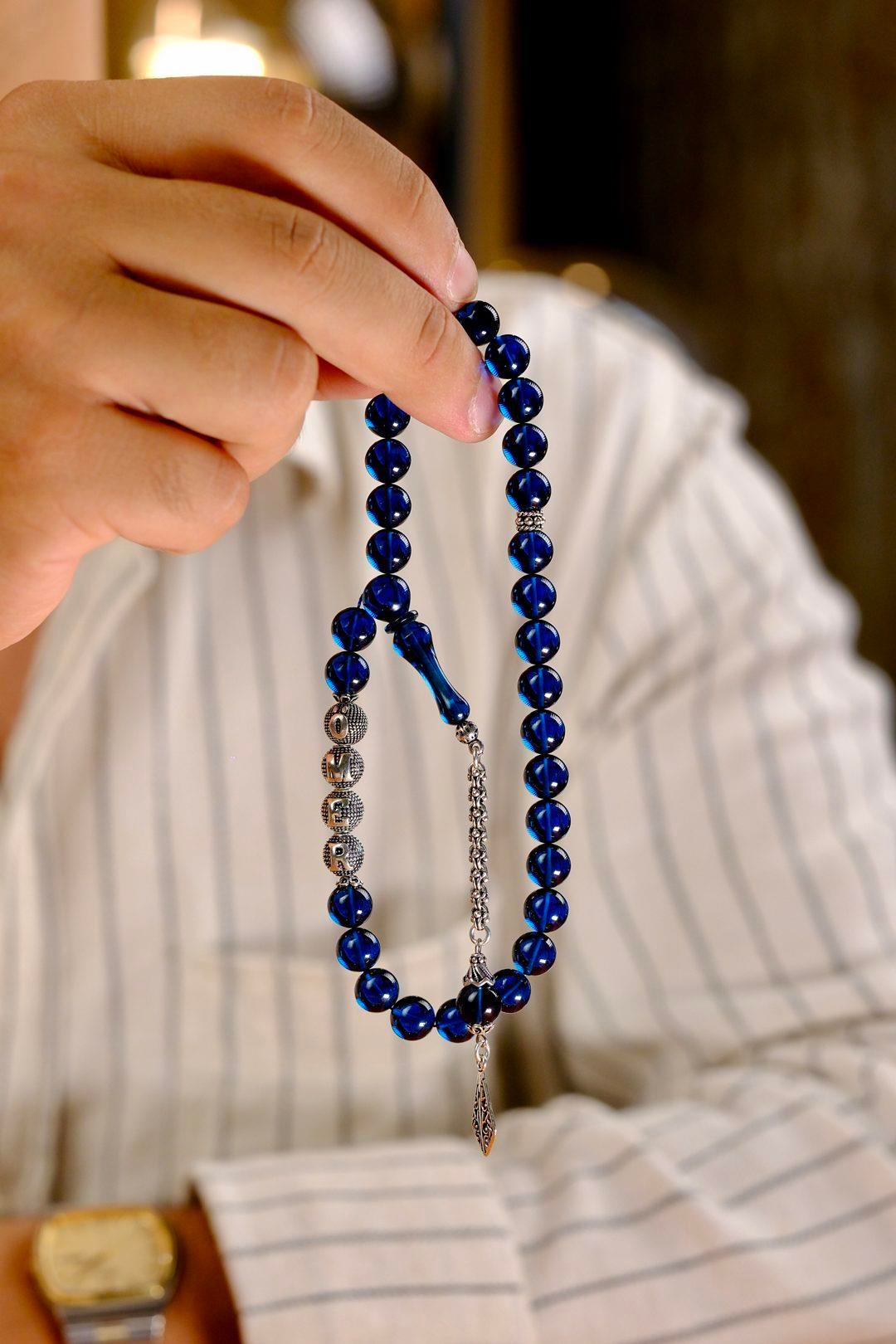 Sevdiklerinize Özel Gümüş İsimli Tasarım Mavi Ateş Kehribar Tesbih