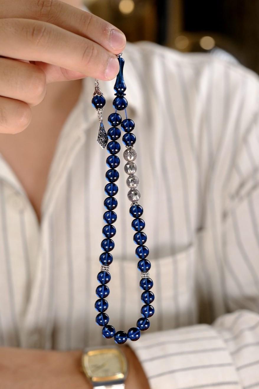 Sevdiklerinize Özel Gümüş İsimli Tasarım Mavi Ateş Kehribar Tesbih