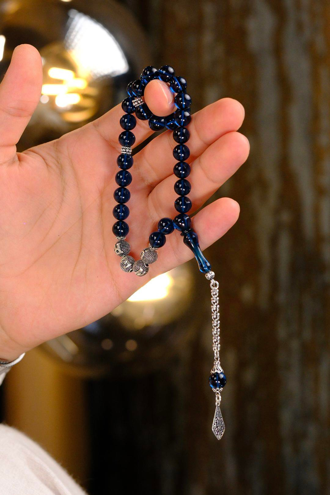 Sevdiklerinize Özel Gümüş İsimli Tasarım Mavi Ateş Kehribar Tesbih