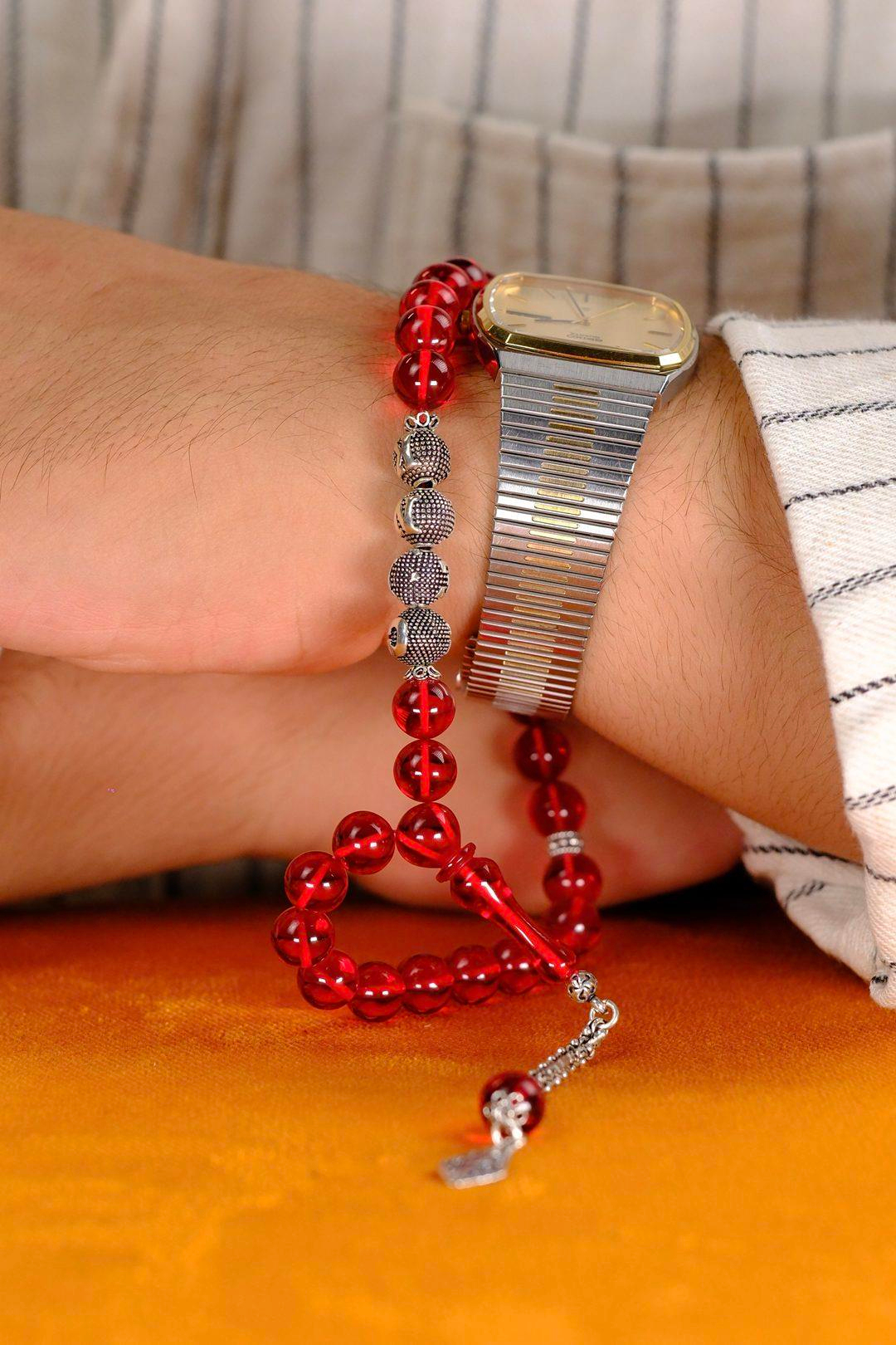 Sevdiklerinize Özel Gümüş İsimli Tasarım Kırmızı Ateş Kehribar Tesbih