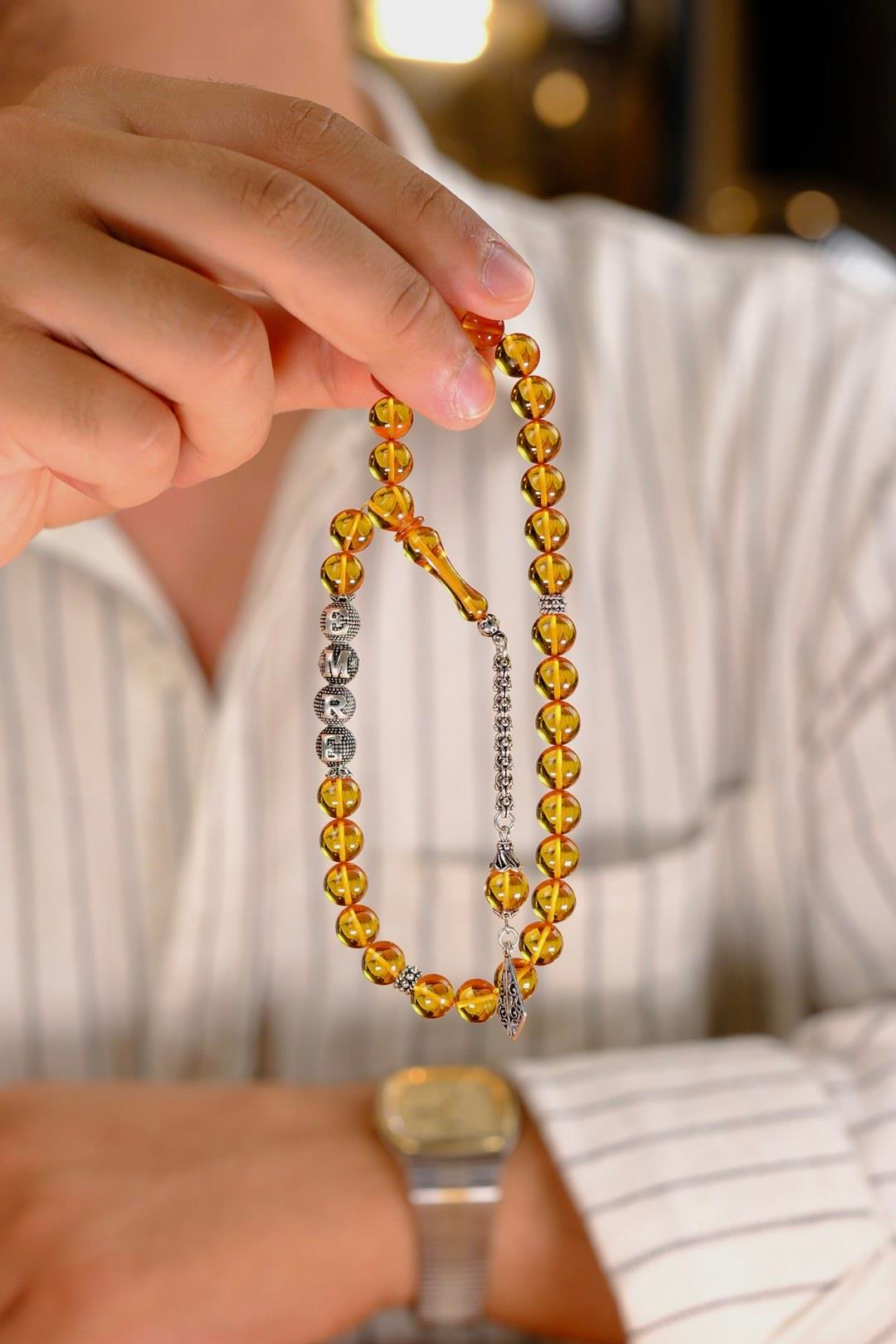 Sevdiklerinize Özel Gümüş İsimli Tasarım Sarı Ateş Kehribar Tesbih