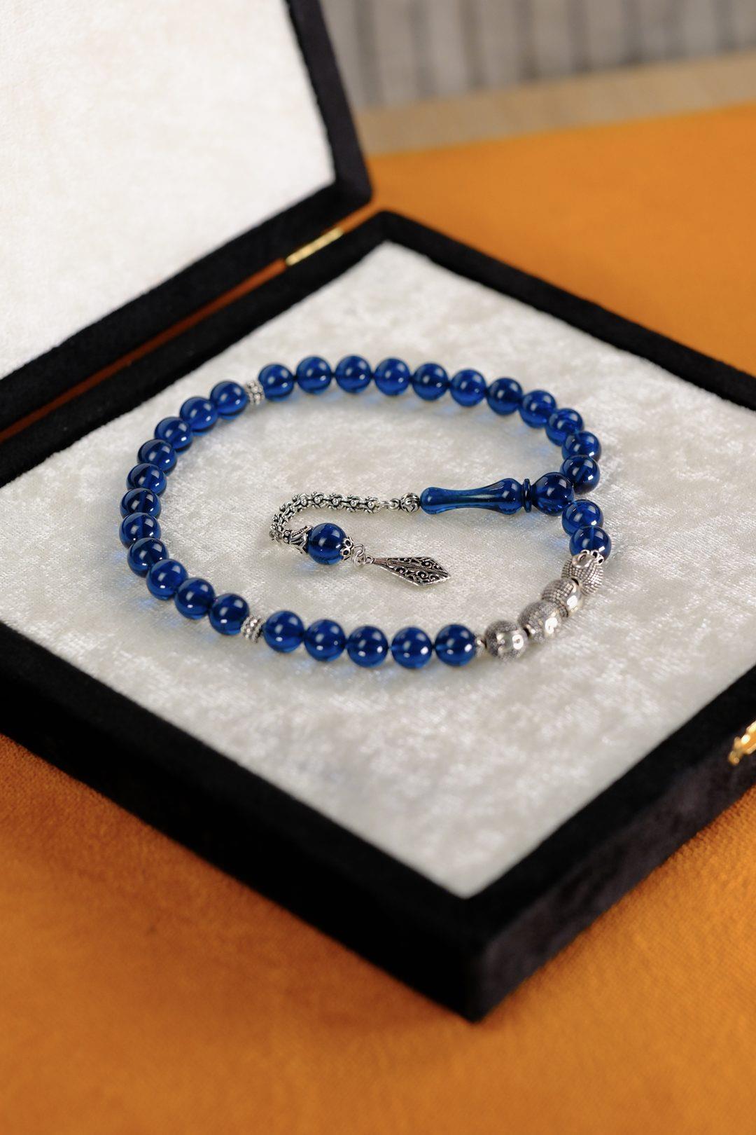 Sevdiklerinize Özel Gümüş İsimli Tasarım Mavi Ateş Kehribar Tesbih