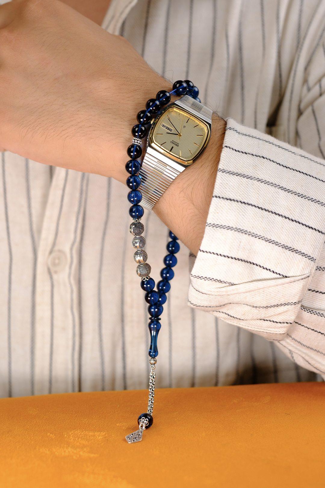 Sevdiklerinize Özel Gümüş İsimli Tasarım Mavi Ateş Kehribar Tesbih