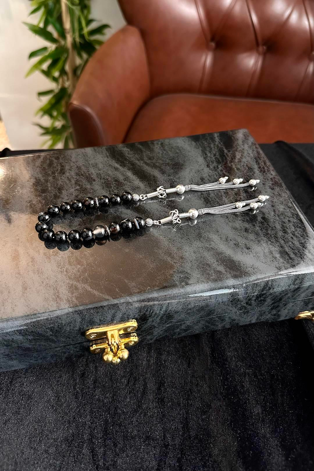 Siyah Damarlı Yemen Akiği Gümüş Tasarım Zaza Tesbih