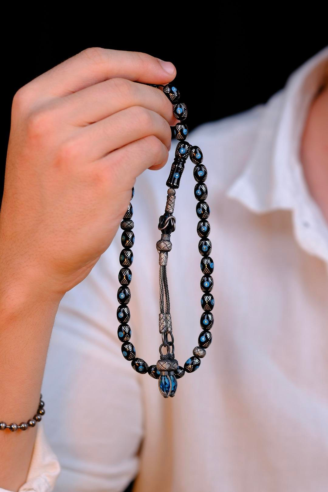 Yeni Full Gümüş ve Firuze İşleme Oltu Taşı Tesbih