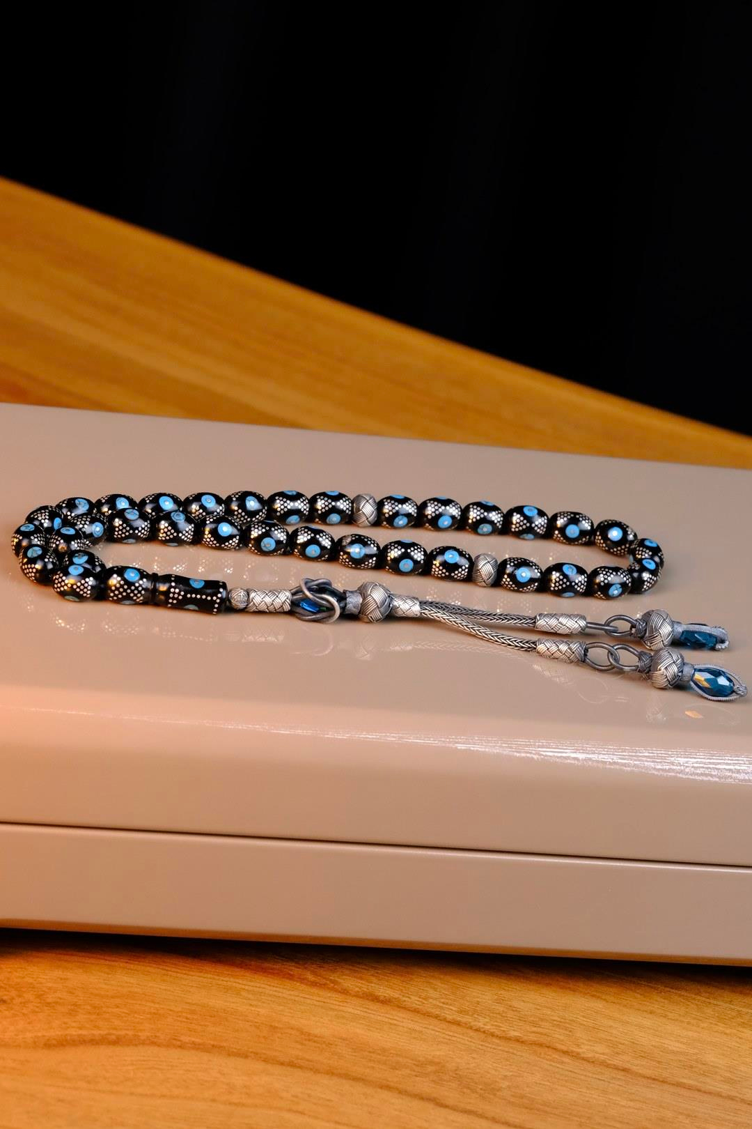 Yeni Full Gümüş ve Firuze İşleme Oltu Taşı Tesbih