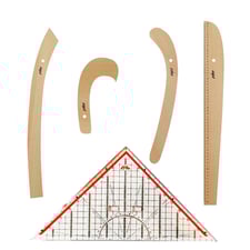 FDM 5 Parça Set - 4 Parça Ahşap Riga Seti ve Modelist Gönyesi - Riga Takımı - Dikiş Seti Cetvel