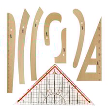 FDM 8 Parça Set - 7 Parça Ahşap Riga Seti ve Modelist Gönyesi - Riga Takımı -Dikiş Seti Cetvel