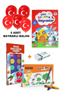 Kırtasiye Seti (5 Adet Bayraklı Balon Boyama Kitabı - 12 li Pastel Boya - 12 li Suluboya - Silgi)