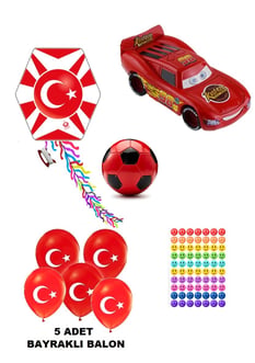 Kırtasiye Seti Oyuncak Erkek Öğrenci Seti (5 Adet Bayraklı Balon - Uçurtma- Futbol Topu - Oyuncak Araba - Sticker)
