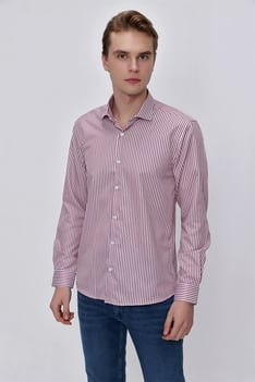  Morven Erkek Kırmızı Slim Fit Çizgili Gömlek