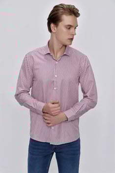  Morven Erkek Kırmızı Slim Fit Çizgili Gömlek