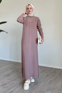 İncili Triko Elbise Gül Kurusu