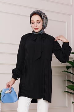 تونيك بتفاصيل مطوية - لون أسود