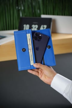 Hakiki Deri Mavi Telefon Cüzdanı 8 Kart Bölmeli Kartlık ve Fermuarlı Portföy Çanta Marco