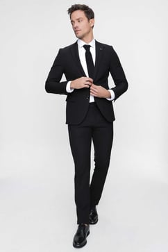 Erkek Siyah Basic Düz Slim Fit 3'lü Takım Elbise Slim Fit Gömlek Düz Kravat