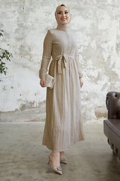 Lemina Kuşaklı Elbise - Ekru