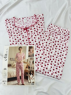 ç8658-raporlu kaşkorse kısa kol love pijama takımı-beyaz