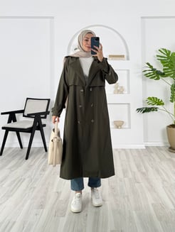 7234-bondit kumaş-omuz detaylı kemerli trenç-çağla yeşili