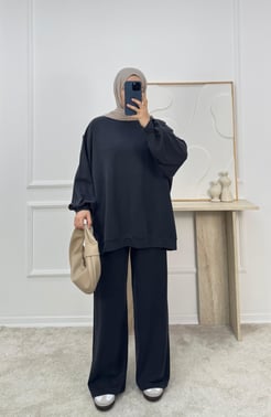 1148-ecem pike kumaş oversize pantolonlu takım-siyah