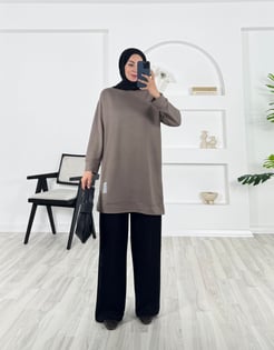 2366 iki iplik kumaş armalı düz tunik vizon 