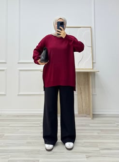 2183-kenarları gold düğme detaylı triko tunik-bordo