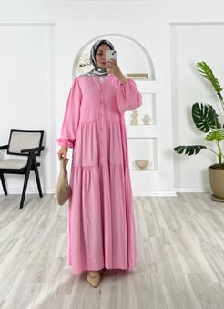 6158-çilek kumaş-beline kadar düğmeli elbise-pembe