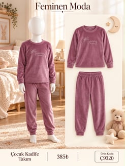ç9321-kadife kumaş uzun kol çocuk  pijama takımı-pembe