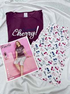 ç5123 - kısa kollu kapri cherry pijama takımı - bordo