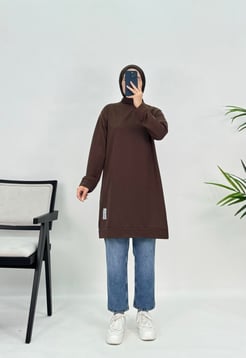 2366 C42 iki iplik kumaş armalı düz tunik acı kahve