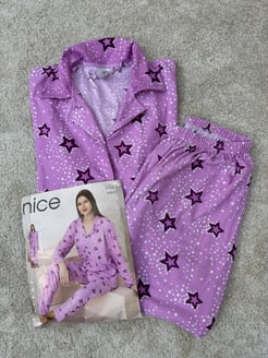 ç6043-süet kumaş gömlek yaka yıldızlı pijama takımı-mor 