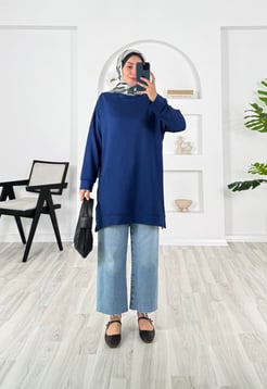 3622-kristal kumaş-yanları yırtmaçlı tunik-lacivert
