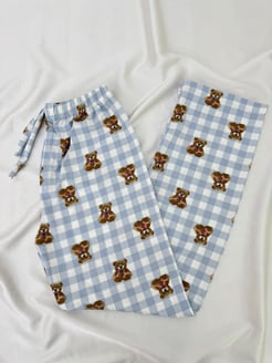 Ç9068-milan kumaş kareli ayıcıklı pijama alı-mavi