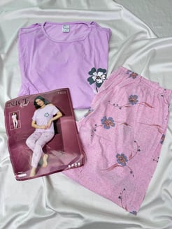 ç7403 - viskon kumaş kısa kollu çiçekli pijama takımı - pembe