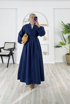 6068-poplin kumaş-önü nervüllü biyeli elbise-lacivert