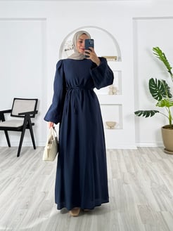 4172-vrn polyester kumaş-balon kol hakim yaka kemerli elbise-lacivert