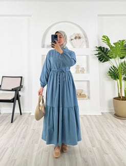 6538-terikoton kumaş-önü cepli yarım düğmeli beli büzgülü elbise-bebe mavisi
