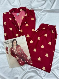Ç5967 SÜET KUMAŞ KALPLİ GÖMLEK YAKA TAKIM- BORDO